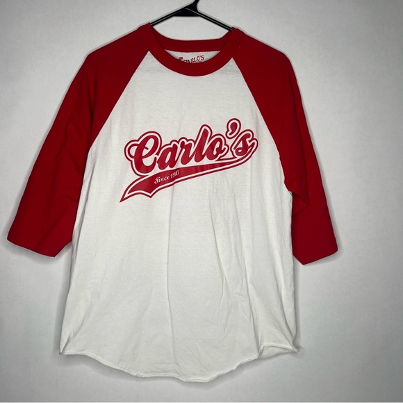 Carlo’s‎ Bakery Shirt White Red Baseball Mens Large CAKEBOSS 3/4 Sleeve Hoboken - Picture 1 of 10